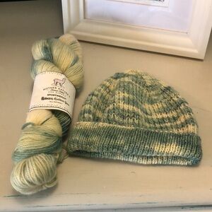 Handknit beanie and sport weight yarn skein bundle